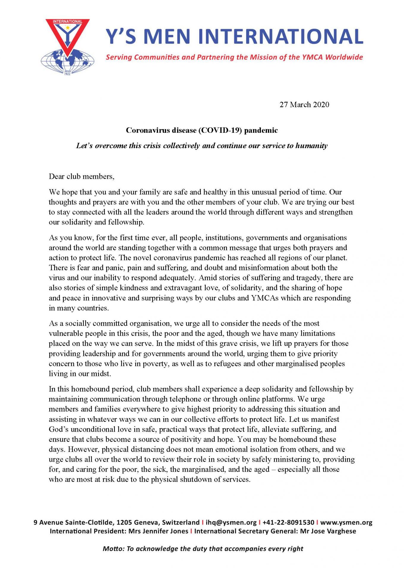 Y’s Men International Statement on COVID-19